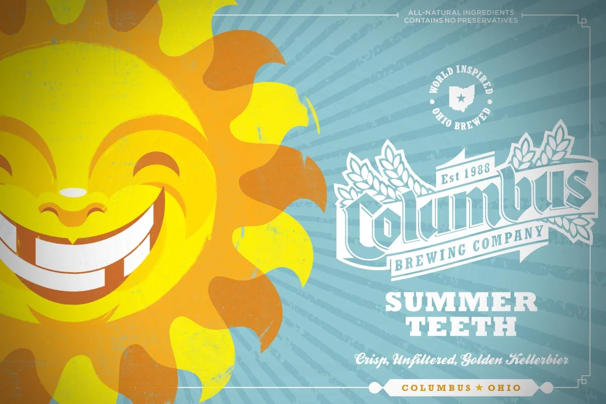 A colorful sun illustration with a smiling face on the left side of the image. To the right, white text and logos promote Columbus Brewing Company's Summer Teeth beer, describing it as crisp, unfiltered, and a golden Kellerbier, with additional detai
