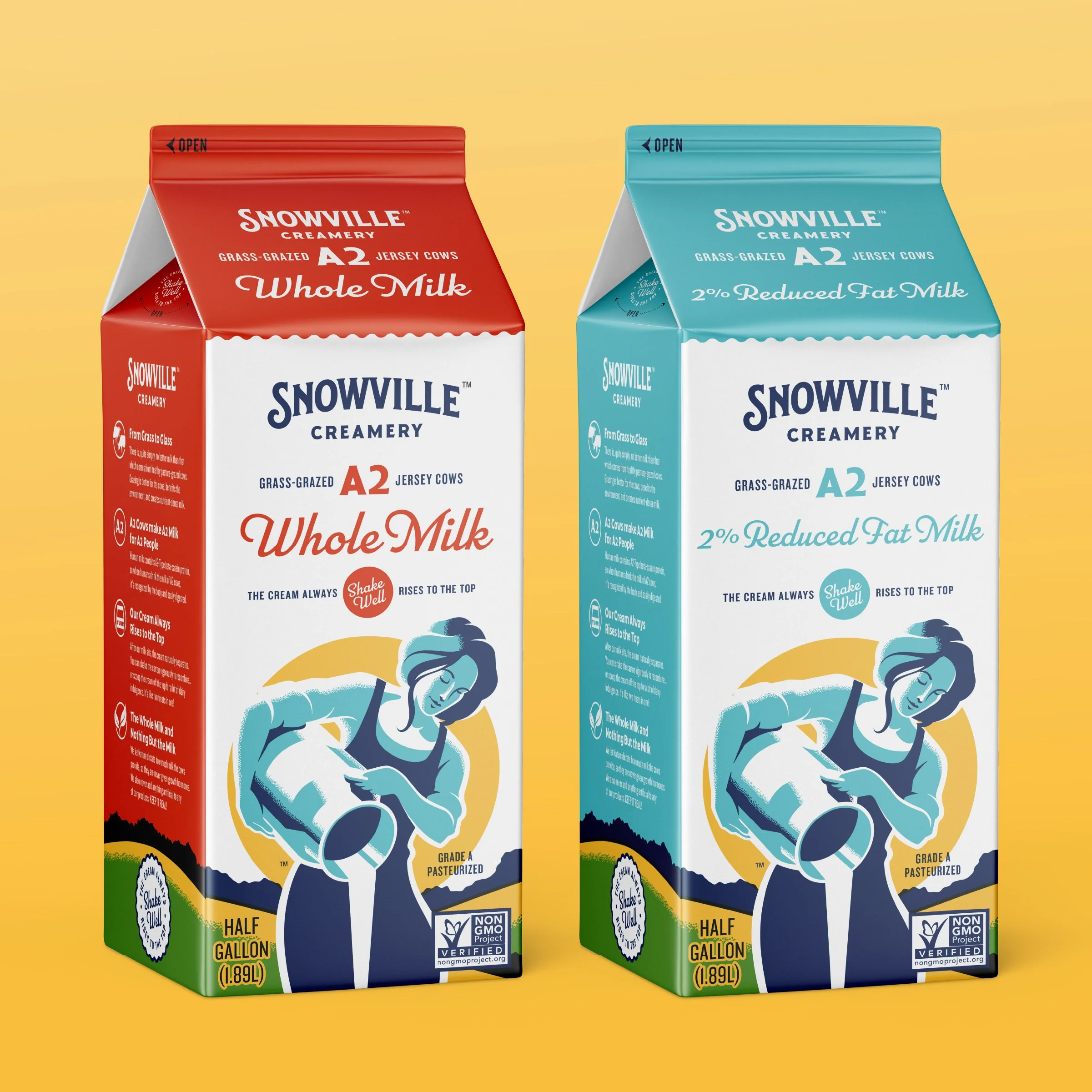 Two cartons of Snowville Creamery milk, one in red packaging and the other in blue, against a yellow background.