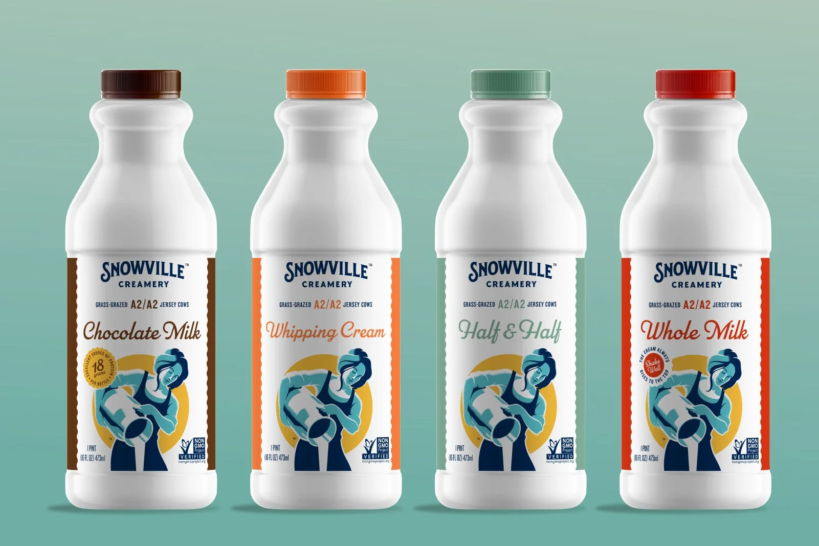 Four bottles of Snowville Creamery milk and dairy products labeled chocolate milk, whipping cream, half & half, and whole milk on a green background.