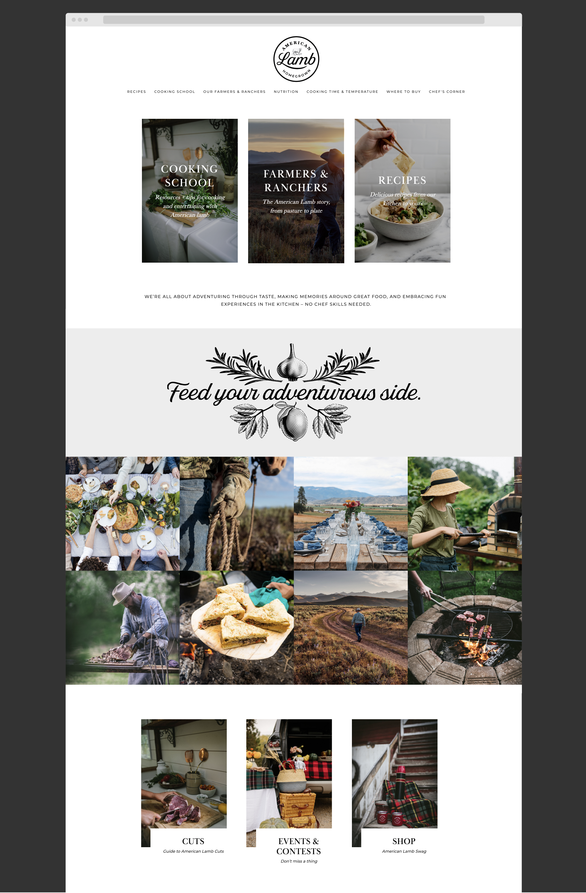 Website homepage for American Lamb, featuring sections on cooking school, farmers and ranchers, and recipes, with images of outdoor lamb farming, cooking, social gatherings, and lamb products.