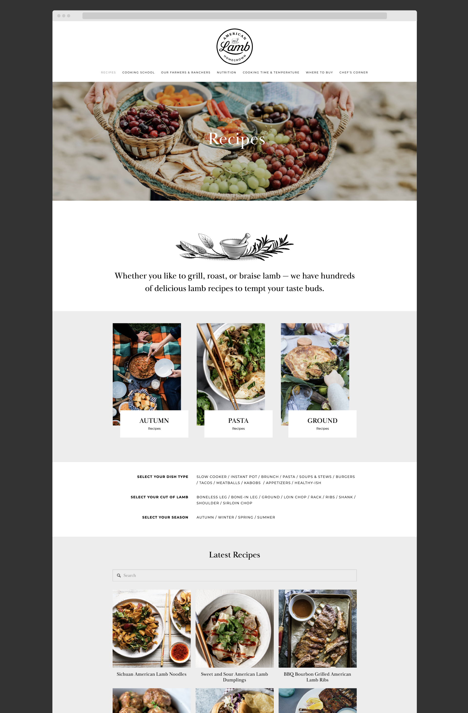 Website homepage for American Lamb with a large header image of a person holding a basket of grapes, berries, and snacks, and sections for recipes, lamb cuts, seasons, and recent dishes.