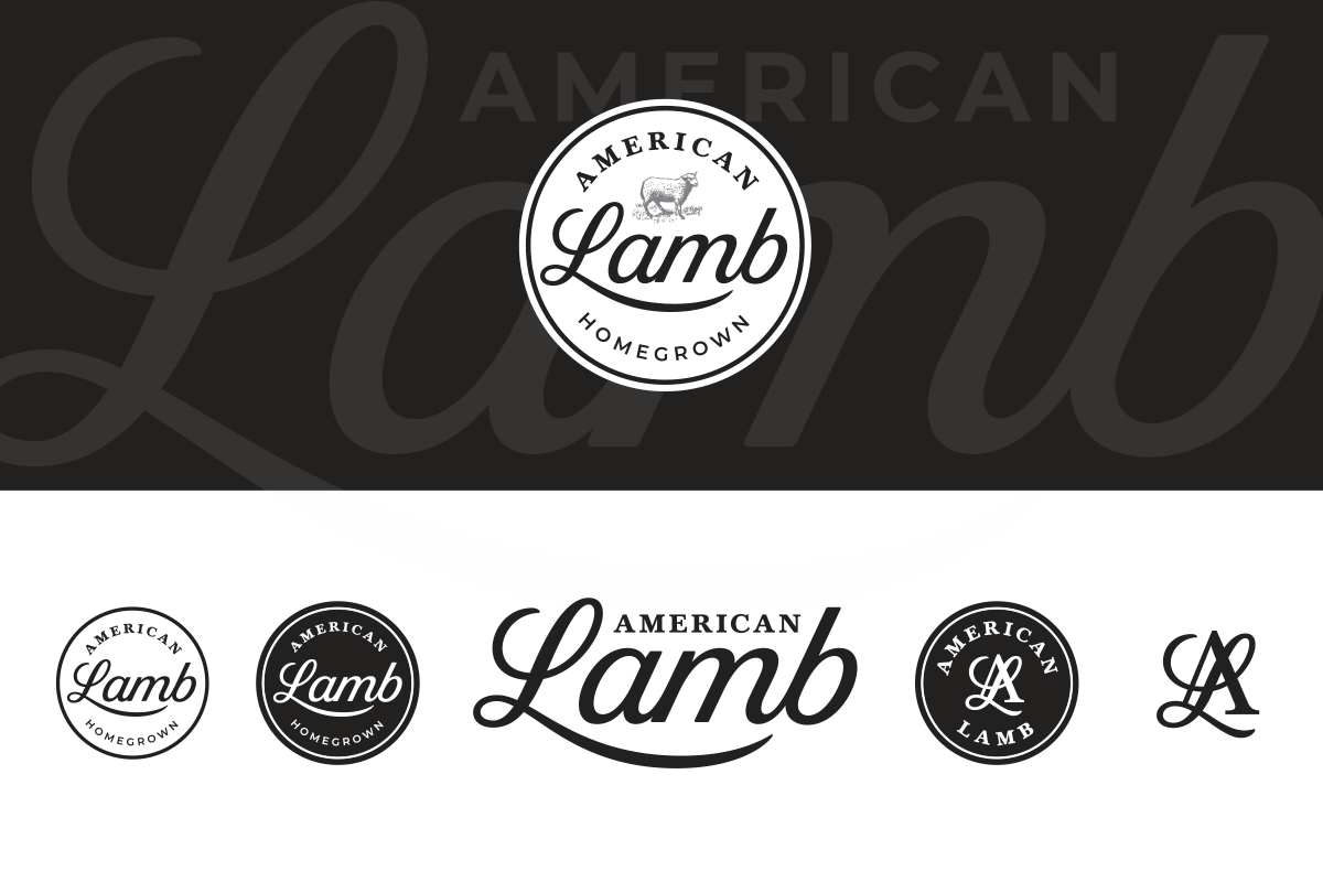 Various black and white logos featuring the words "American Lamb Homegrown" and stylized initials, with one logo including a small illustration of a lamb.