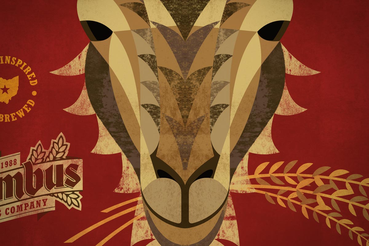 Stylized illustration of a lion's face made of geometric shapes, with wheat stalks on a red background.