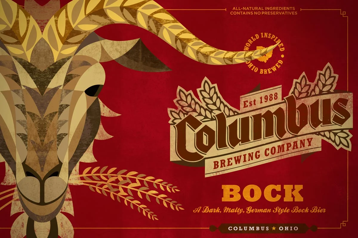 A stylized illustration of a goat's face with curved horns, wheat stalks, and text promoting Columbus Brewing Company's Bock beer, established in 1988 in Columbus, Ohio.