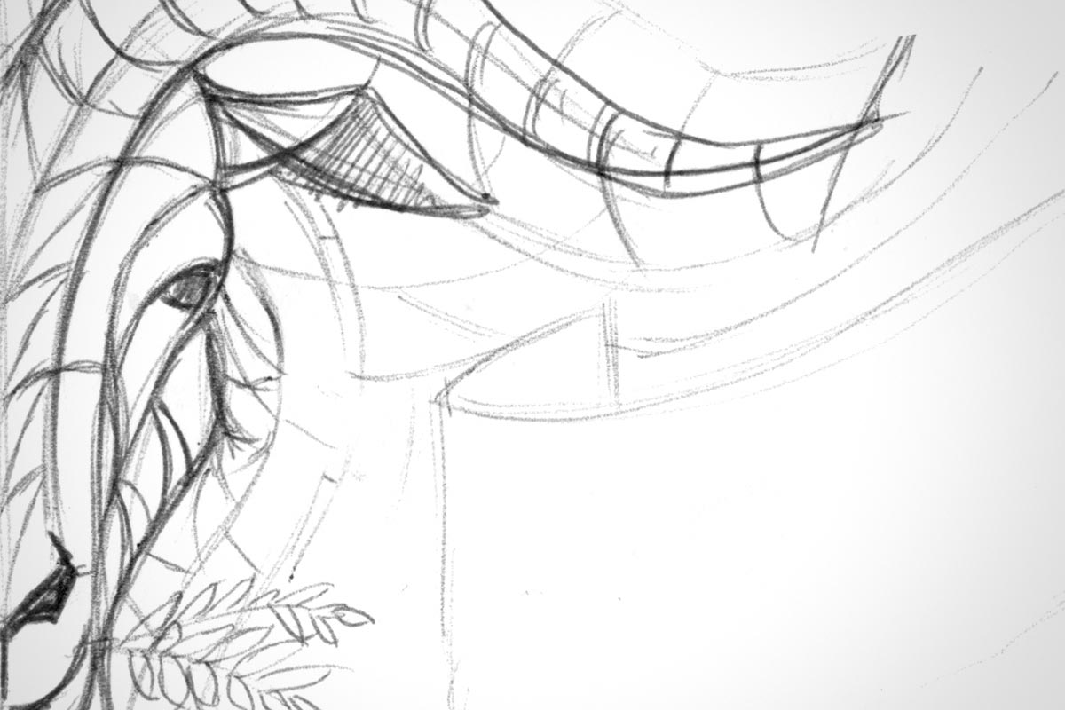 Sketch of a dragon's head with horns, eye, and part of its mane and neck, including some leafy details.