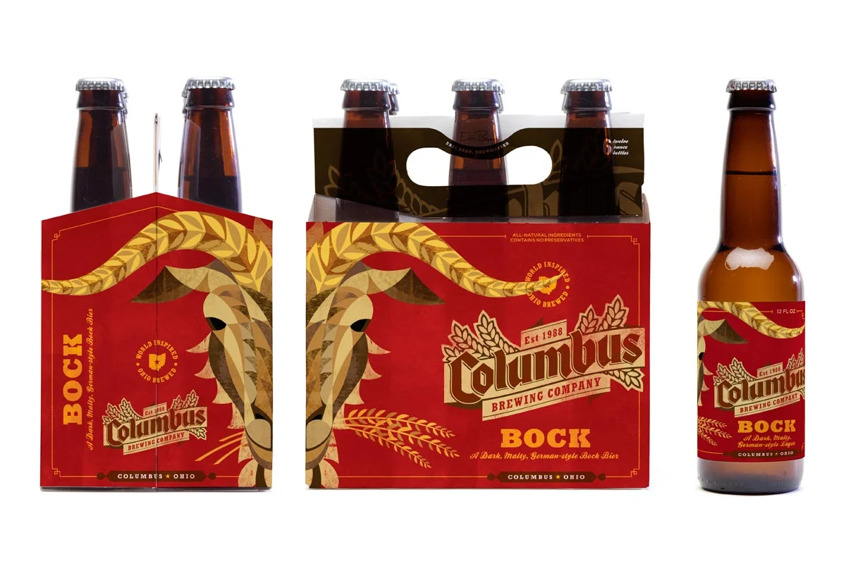 Columbus Brewing Company's Bock beer bottles and packaging with a red and yellow design featuring a goat's head with wheat accents.