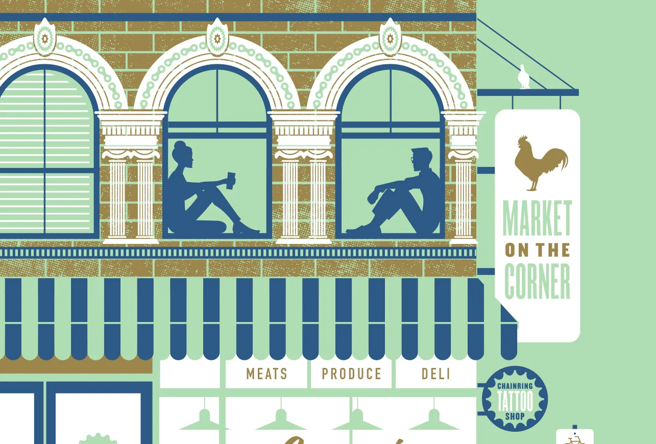 Illustration of a building with three arched windows on the second floor showing silhouettes of a woman reading and a man sitting. A sign on the side depicts a rooster and reads 'Market on the Corner,' with a small bird on top. The storefront below i