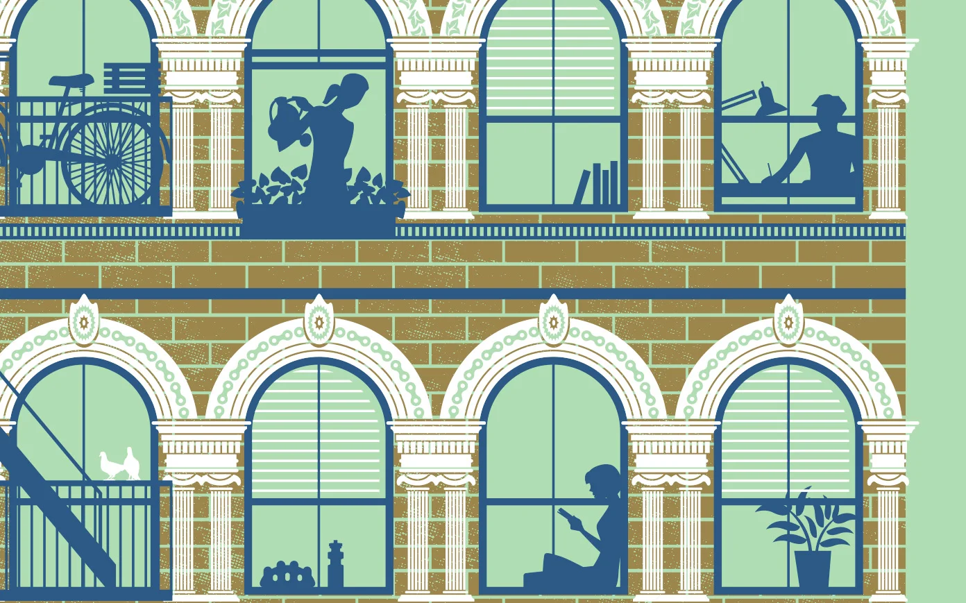 Illustration of an apartment building with three floors, featuring large arched windows with decorative moldings, a brick exterior, and various objects and people inside, including a person reading on the lower floor, someone working at a desk on the