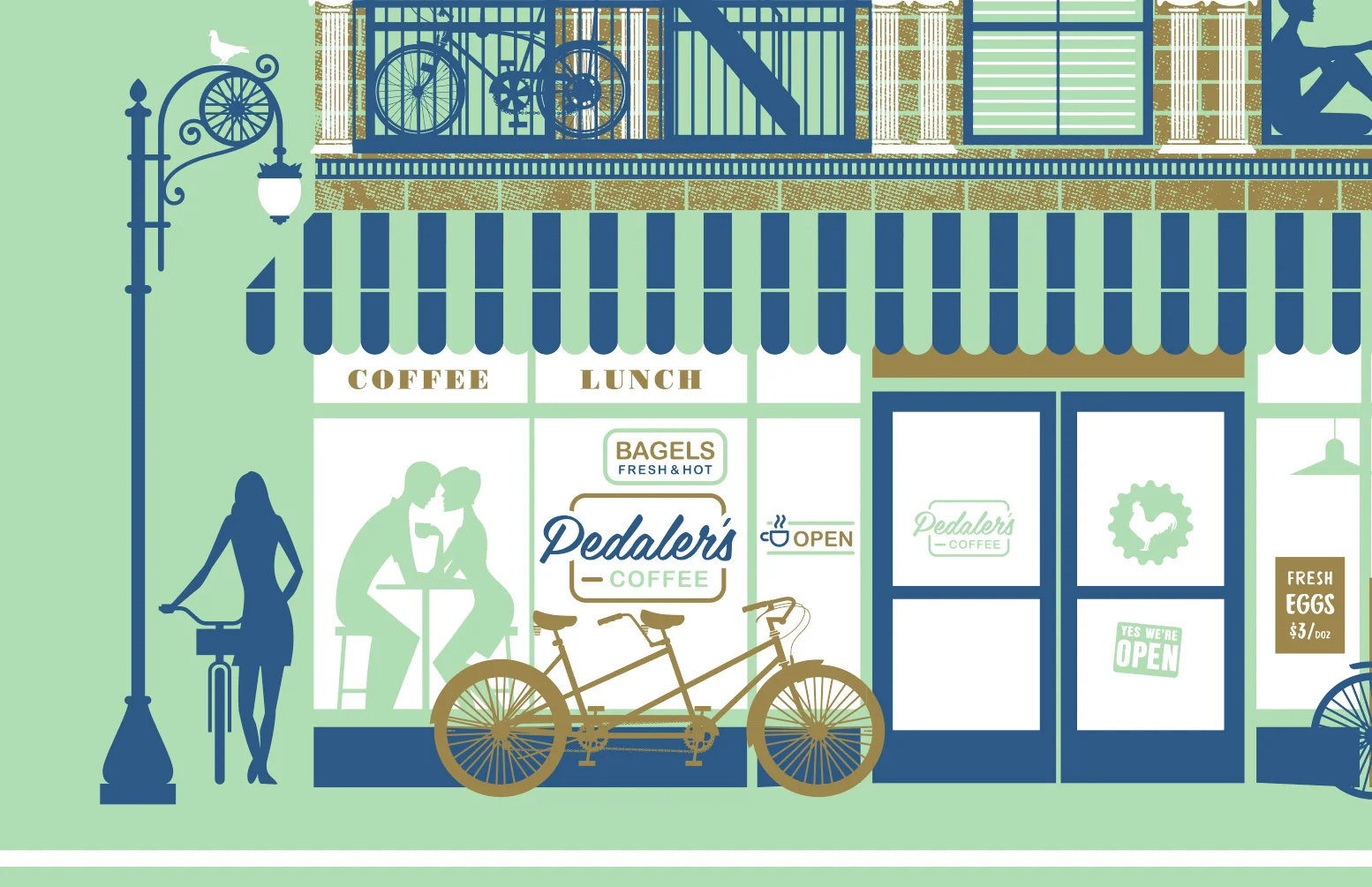 Illustration of a coffee shop storefront with outdoor seating. The shop has signs advertising coffee, lunch, fresh eggs, and bagels. There is a silhouette of a woman with a bicycle, a person sitting inside, and a bicycle parked in front. The shop fea