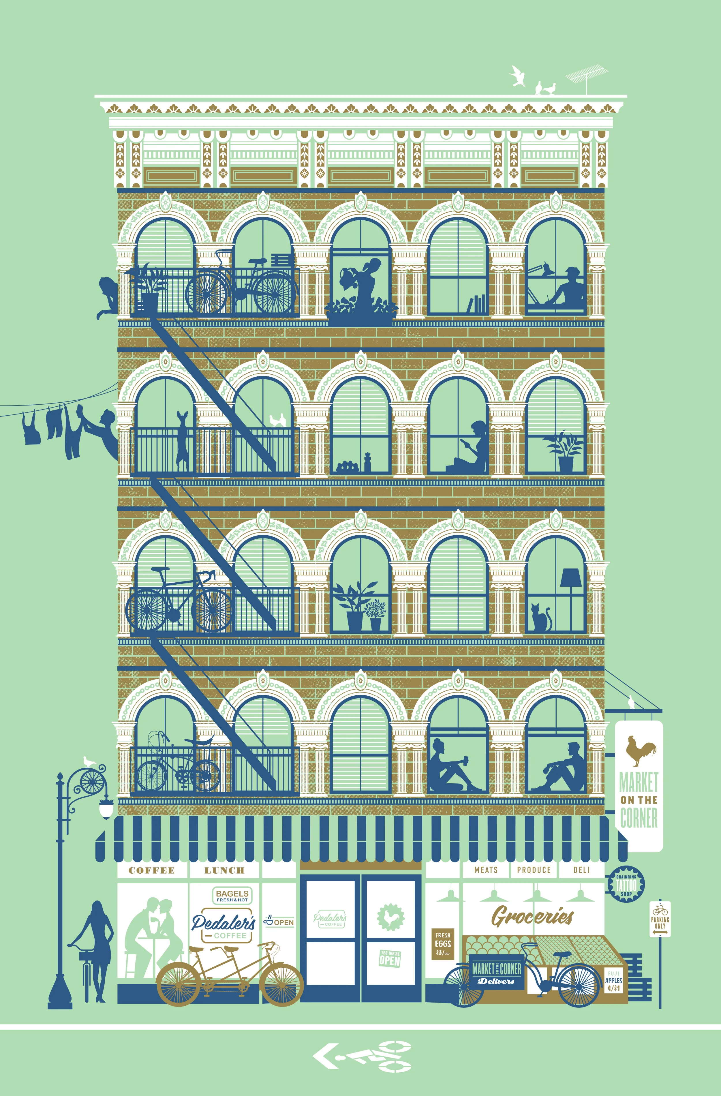 Illustration of a multi-story building with a grocery store on the ground floor and apartments above, featuring bicycles, potted plants, children playing, and people engaging in daily activities, with a green background and street signs.