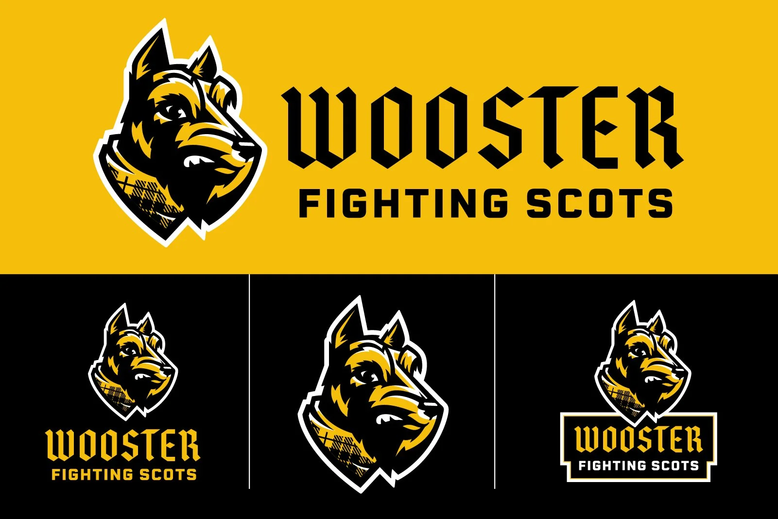 Logo of WooSter Fighting Scots sports team, features a stylized fierce Scot dog in black, yellow, and white, with the text "WooSter Fighting Scots" on a yellow background and three variations of the logo on black backgrounds.
