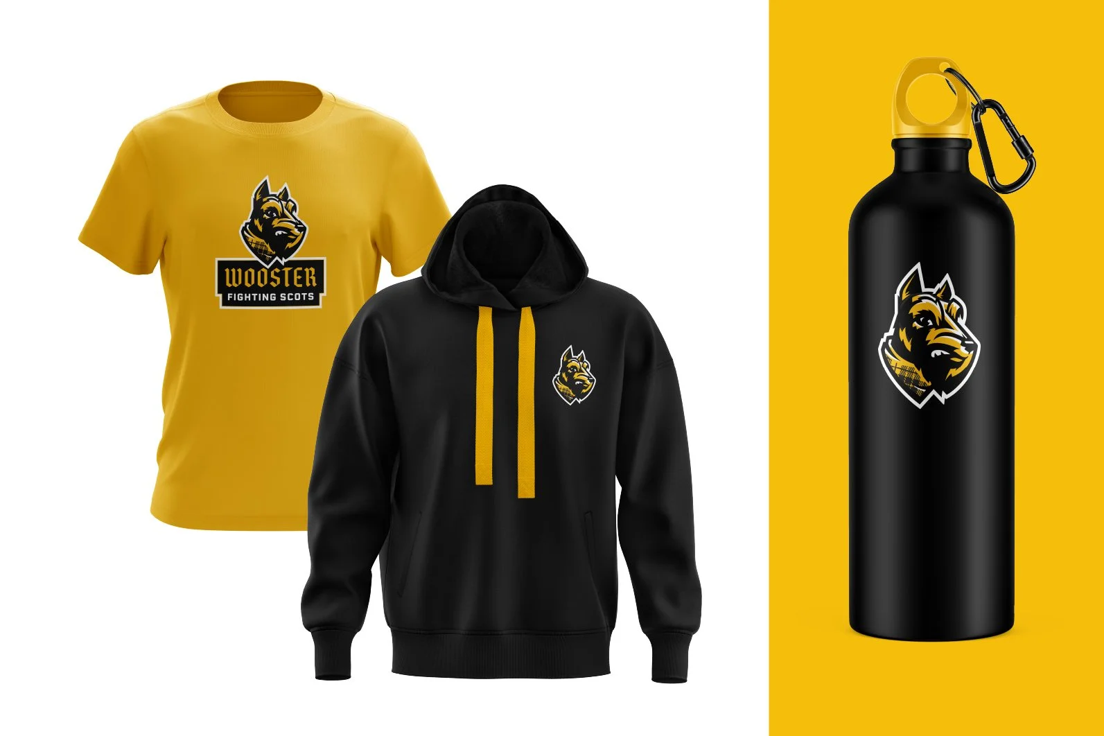 Black hoodie and yellow T-shirt with a dog logo and text, and a black water bottle with the same dog logo, all featuring a black and yellow color scheme, arranged on a split background of white and yellow.
