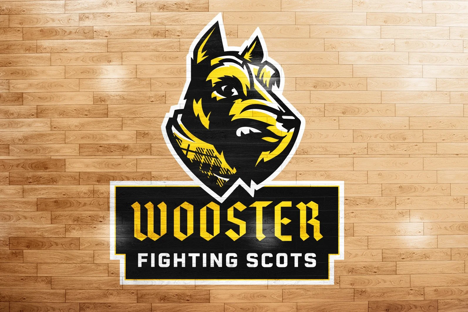 Logo of the Wooster Fighting Scots featuring a stylized black and yellow Scottish Terrier, with the text 'WOOSTER FIGHTING SCOTS' on a black background, set against a wooden floor background.