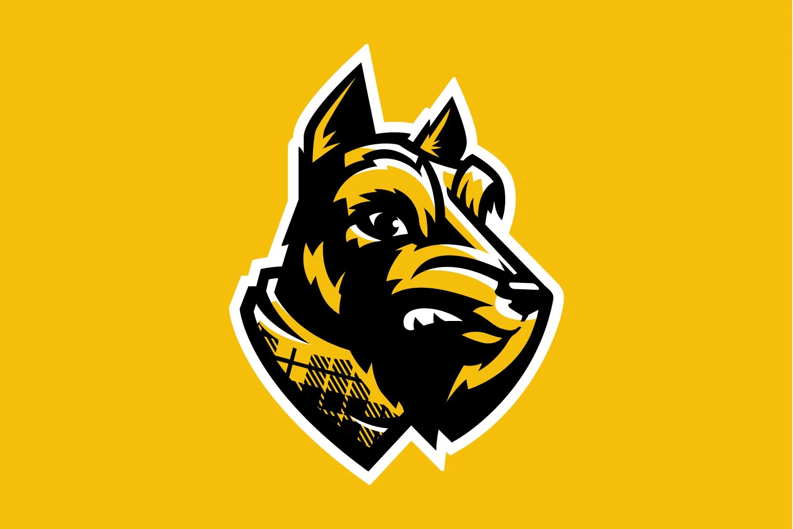 Illustration of a husky dog's head with black, yellow, and white colors on a yellow background.