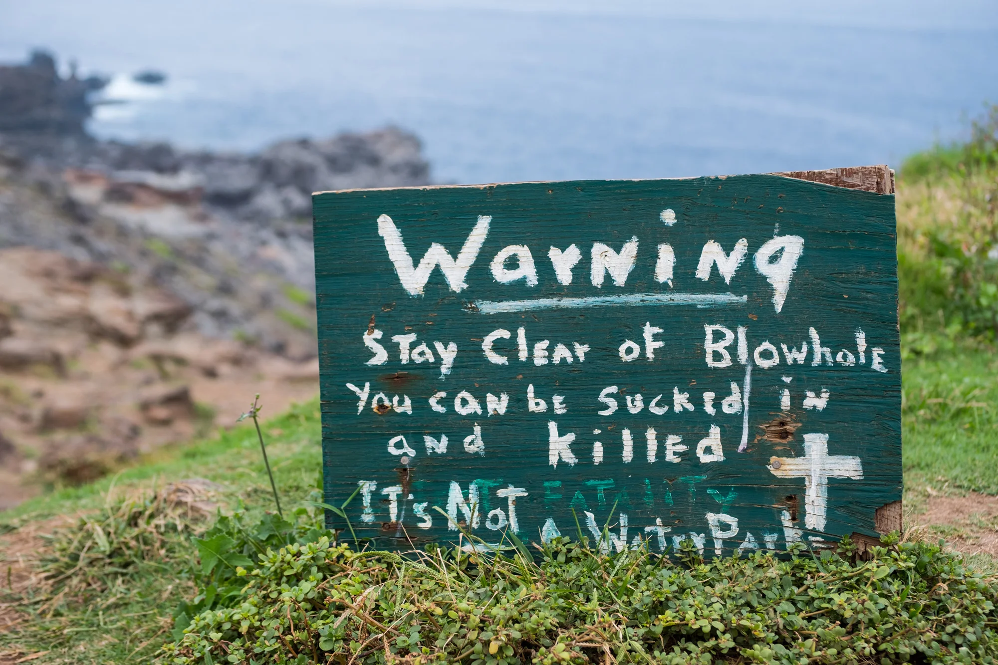 A weathered green wooden sign with white handwritten text warning to stay clear of blowholes that can be dangerous. The background shows a rocky coastline with water and an overcast sky Maui.
