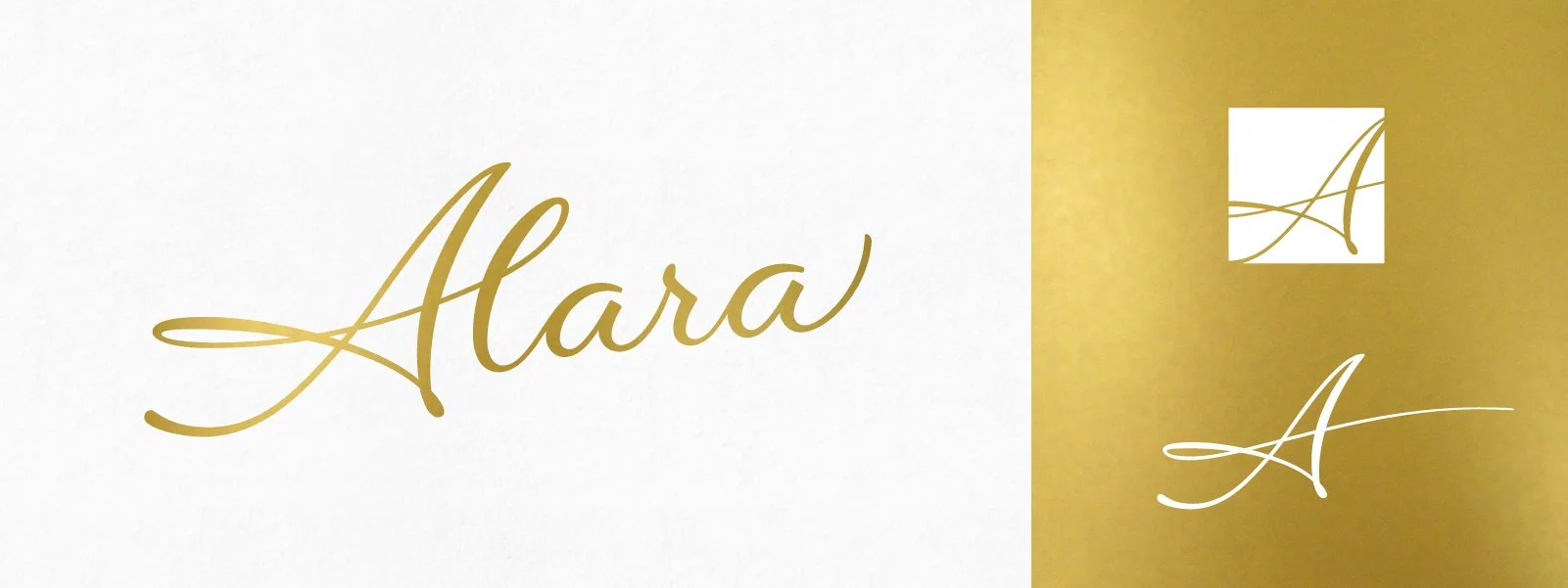 Elegant gold and white logo featuring the word "Alara" in a cursive font, with a stylized letter "A" logo on a gold background.