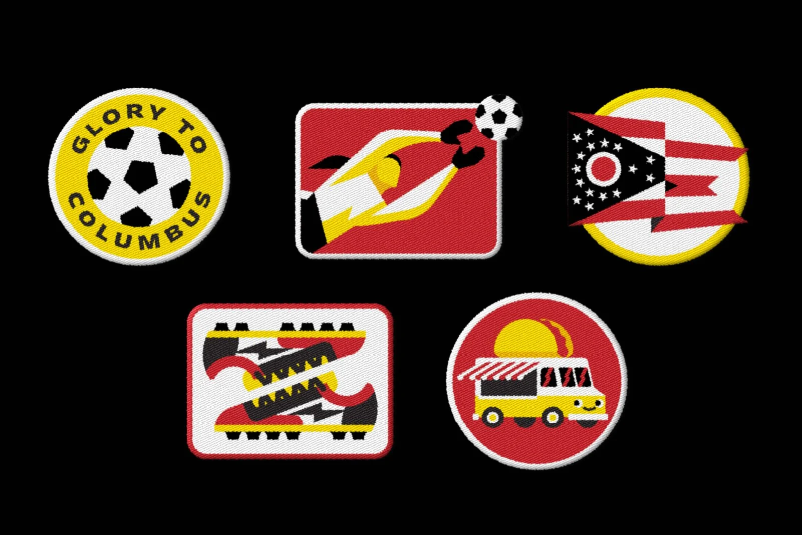 Six embroidered patches with colorful designs, including a football, rocket ship, pirate flag, tennis racket, and a food truck, set against a black background.