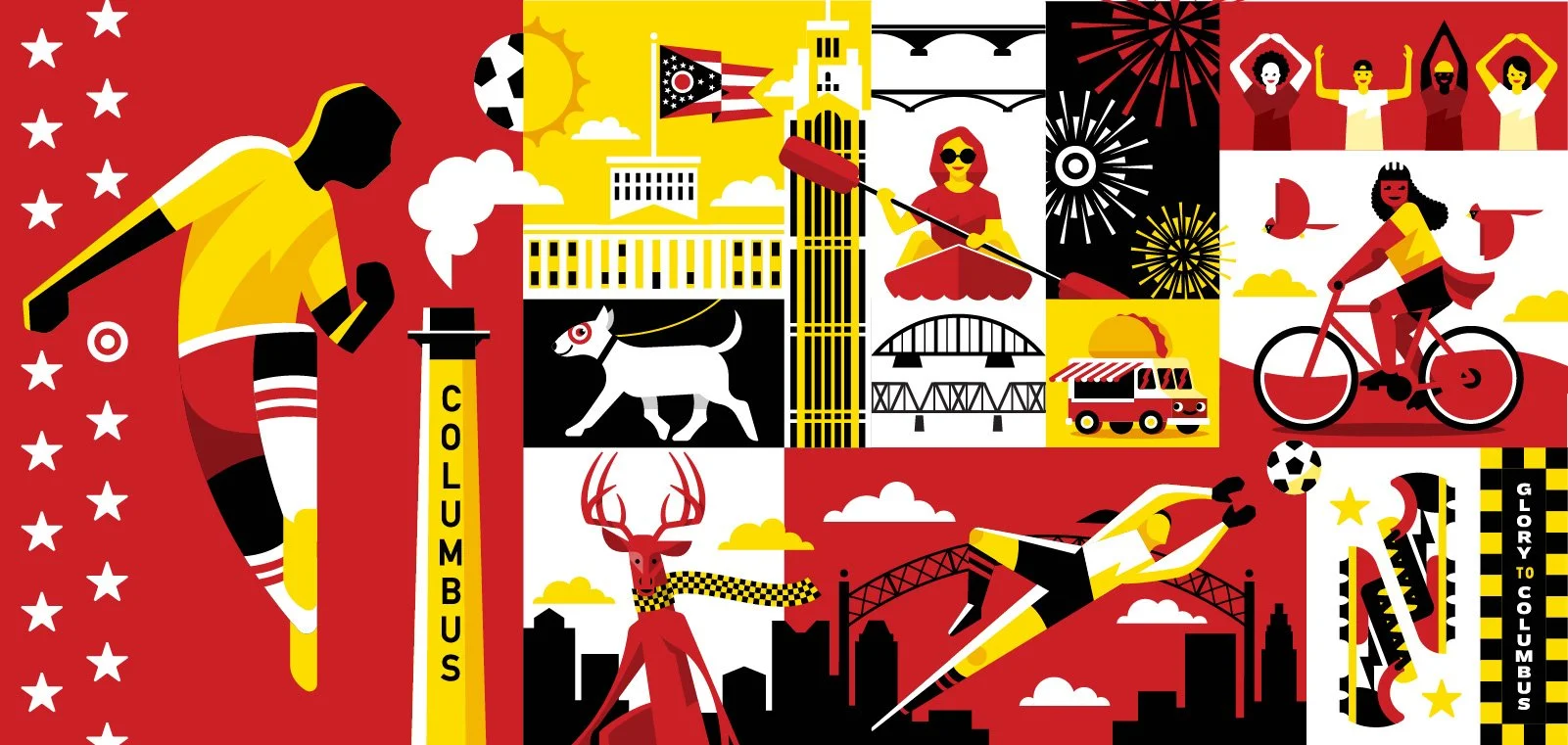 Colorful collage of Columbia University-themed illustrations including a soccer player, a woman kayaking, a cyclist, a soccer player, a person running, fireworks, a reindeer, a dog, buildings, a fire truck, birds, and a horse, with red, yellow, black