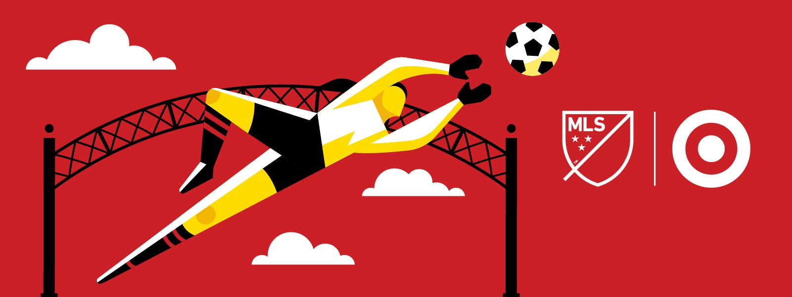 An illustration of a soccer goalkeeper diving to save a ball against a red background with white clouds, featuring MLS and Target logos.