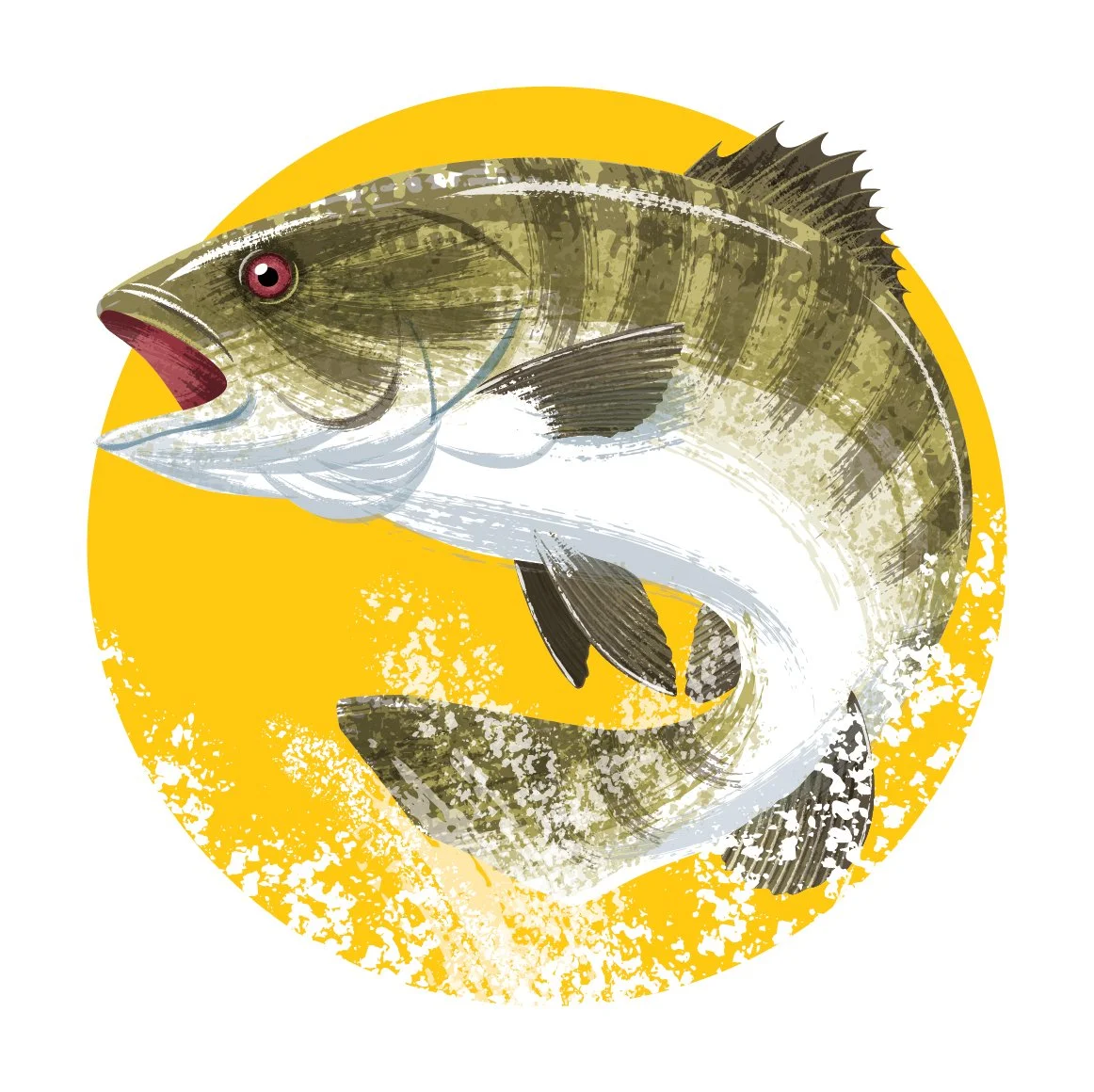 Illustration of a bass fish with a yellow circular background.