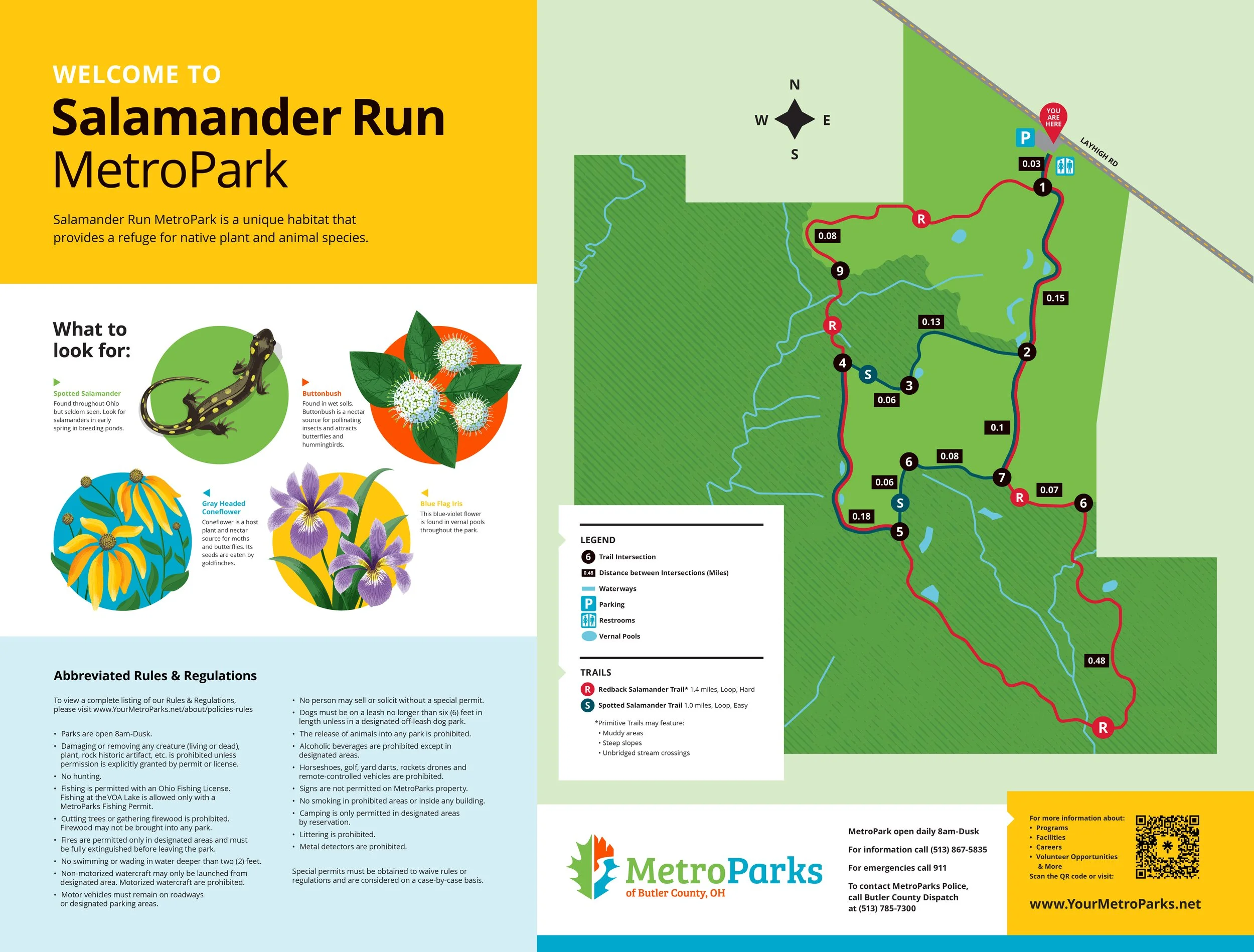 Map of Salamander Run MetroPark with trail routes, points of interest, and legend. The map shows a loop trail, water features, parking, restrooms, and vernal pools.