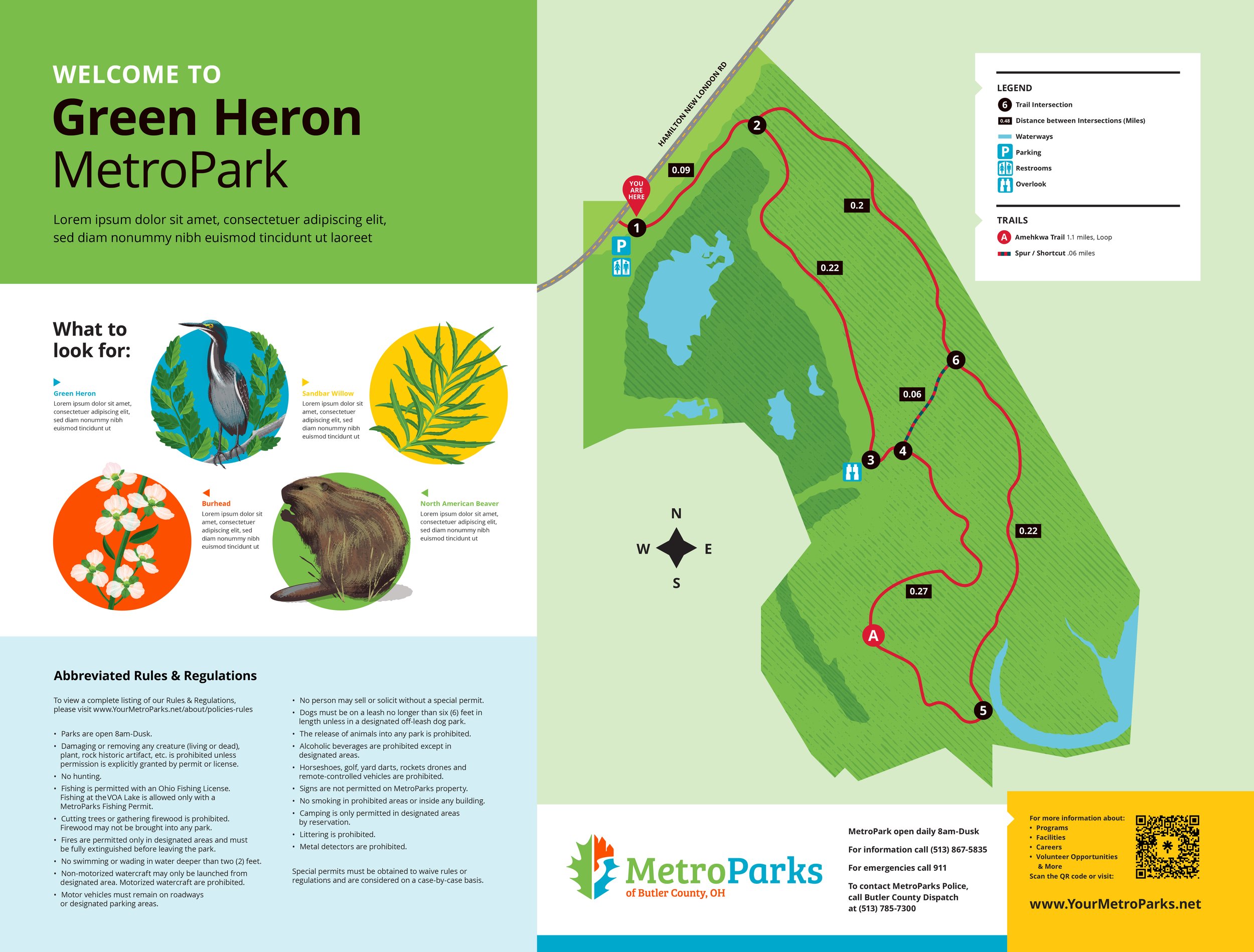 Map of Green Heron MetroPark with trail routes, water features, parking, restrooms, and overlook points, including a legend and a north orientation.