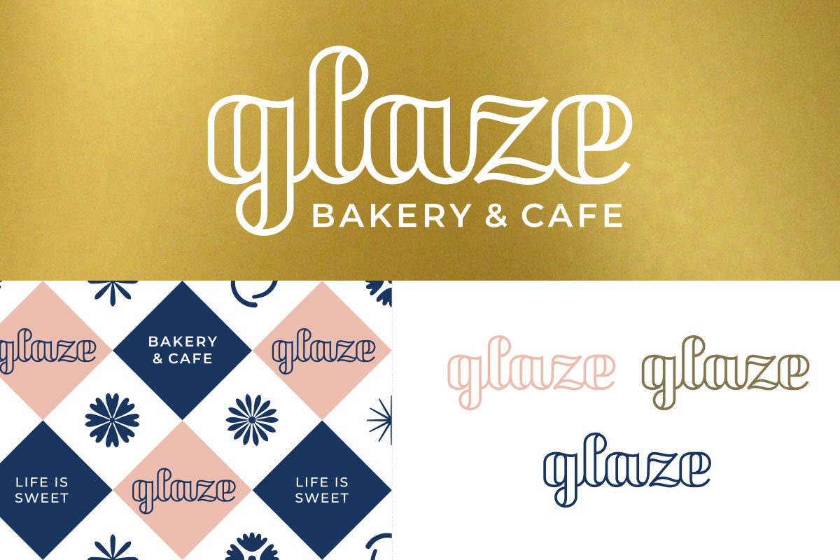 Four different logo designs for glaze bakery & cafe with various fonts and color schemes, one with a gold background and the others with patterned backgrounds and different text styles.