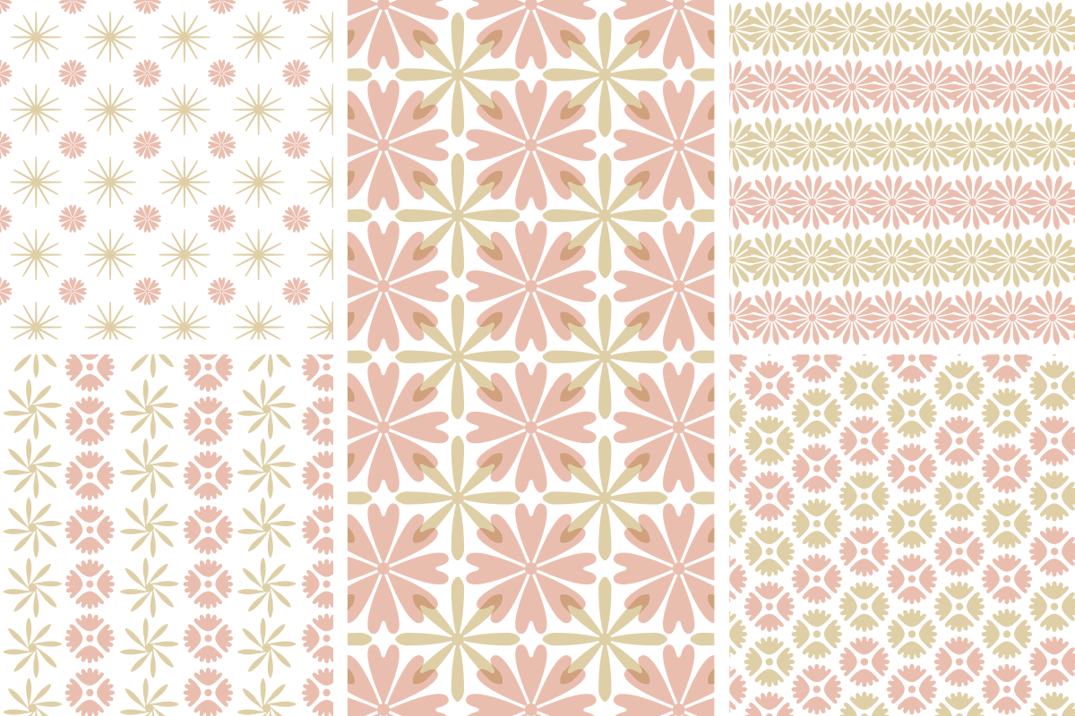 Four different pastel-colored floral patterned fabrics arranged side by side. The designs feature symmetrical flower and star shapes in beige, pink, and light pink tones.