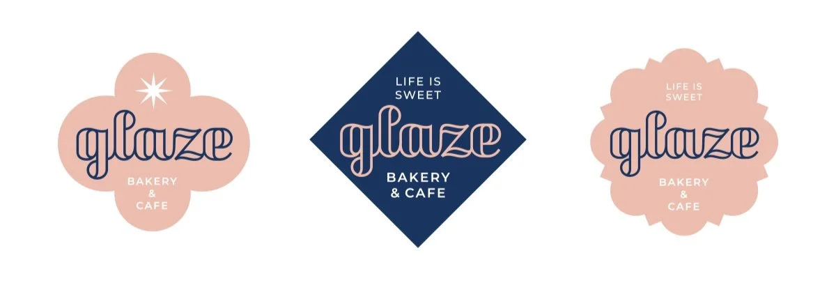 Three bakery and cafe logos for Blaze Bakery & Cafe, each with a different background shape and color, featuring the word 'glaze' and the phrase 'Life is sweet'.