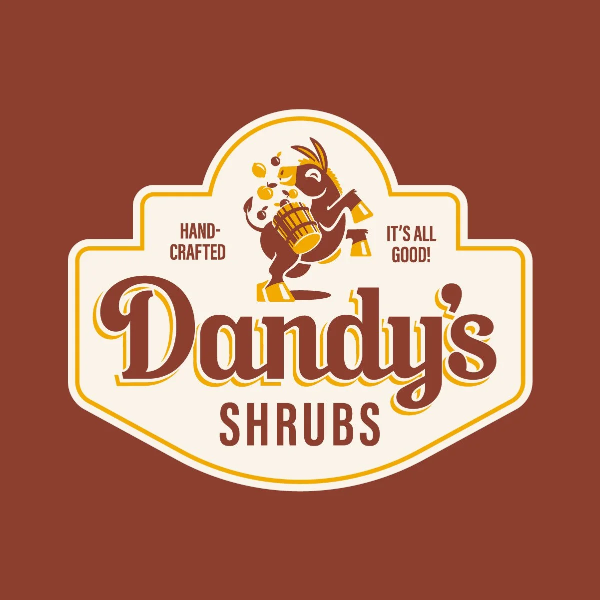 Logo for Dandy's Shrubs featuring a cartoon donkey playing a drum, with text indicating handcrafted quality and good taste.