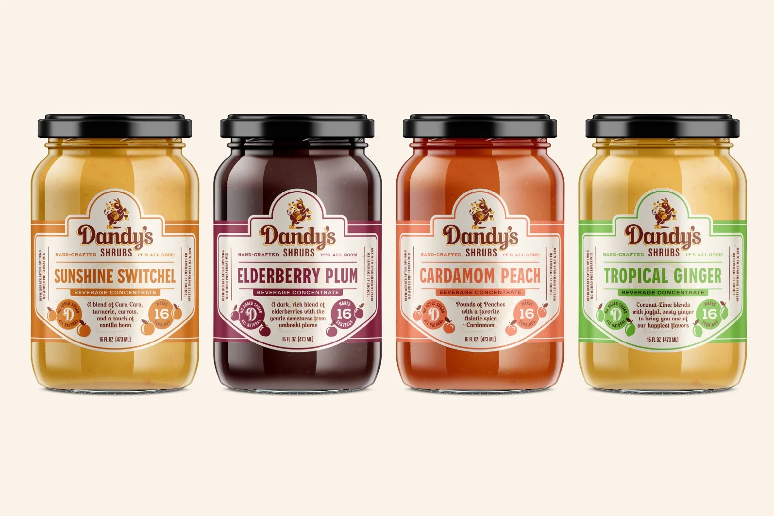 Four jars of Dandy's Shrubs flavored beverage concentrates in yellow, purple, orange, and cream colors, each with a black lid, on a light beige background.
