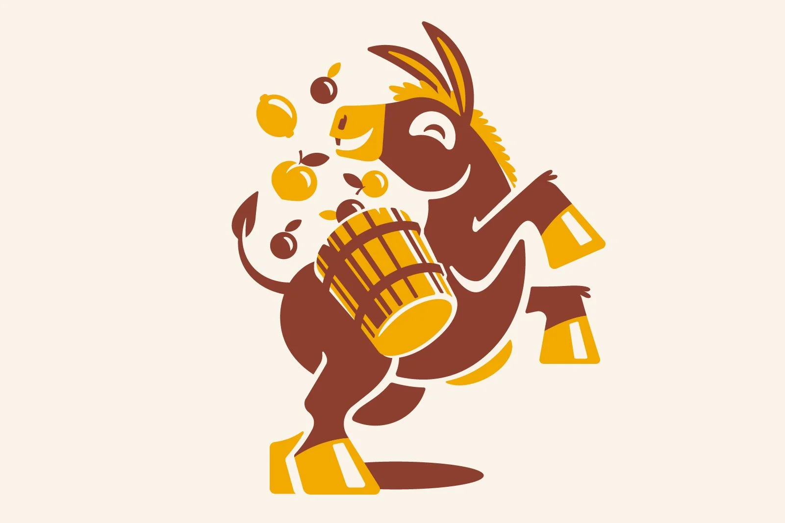 A cartoon-style brown horse with a yellow mane and hooves, joyful expression, tipping a barrel of apple cider and tossing apples into the air.