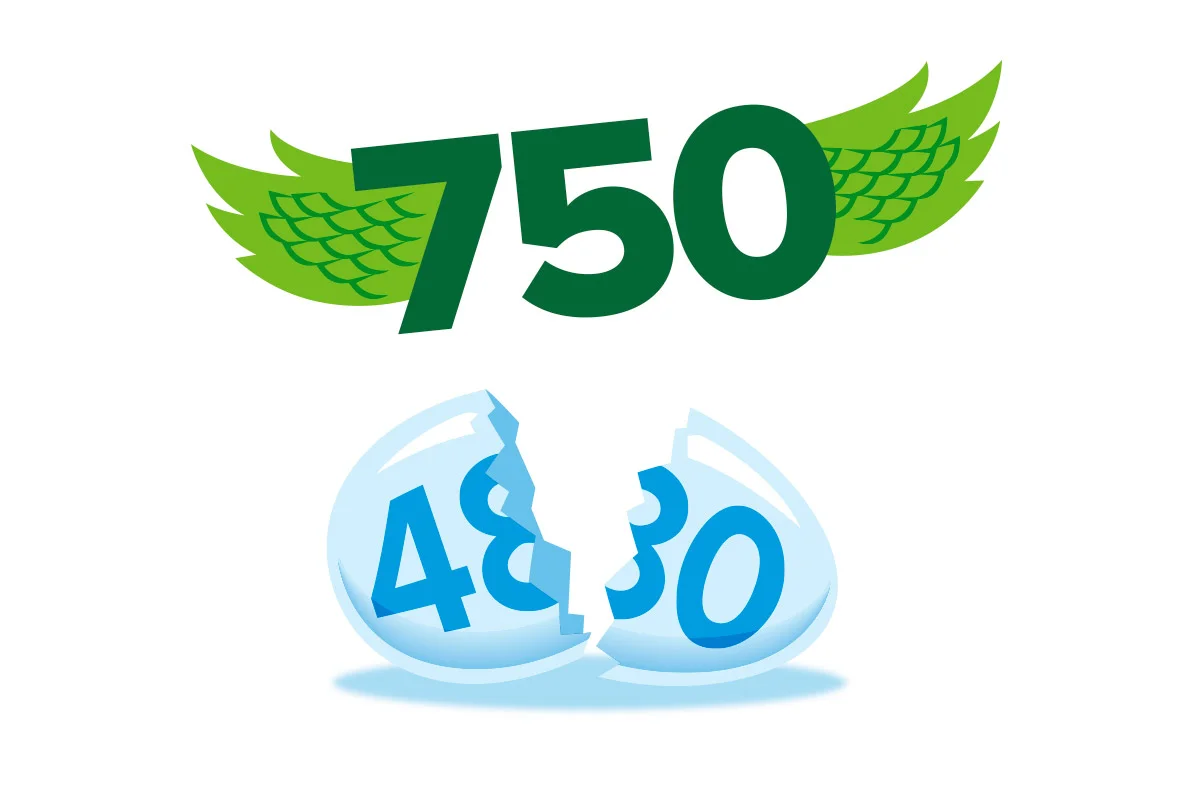 Number 750 with green wings above and the number 4380 broken into two halves below, with the numbers inside the broken shell.