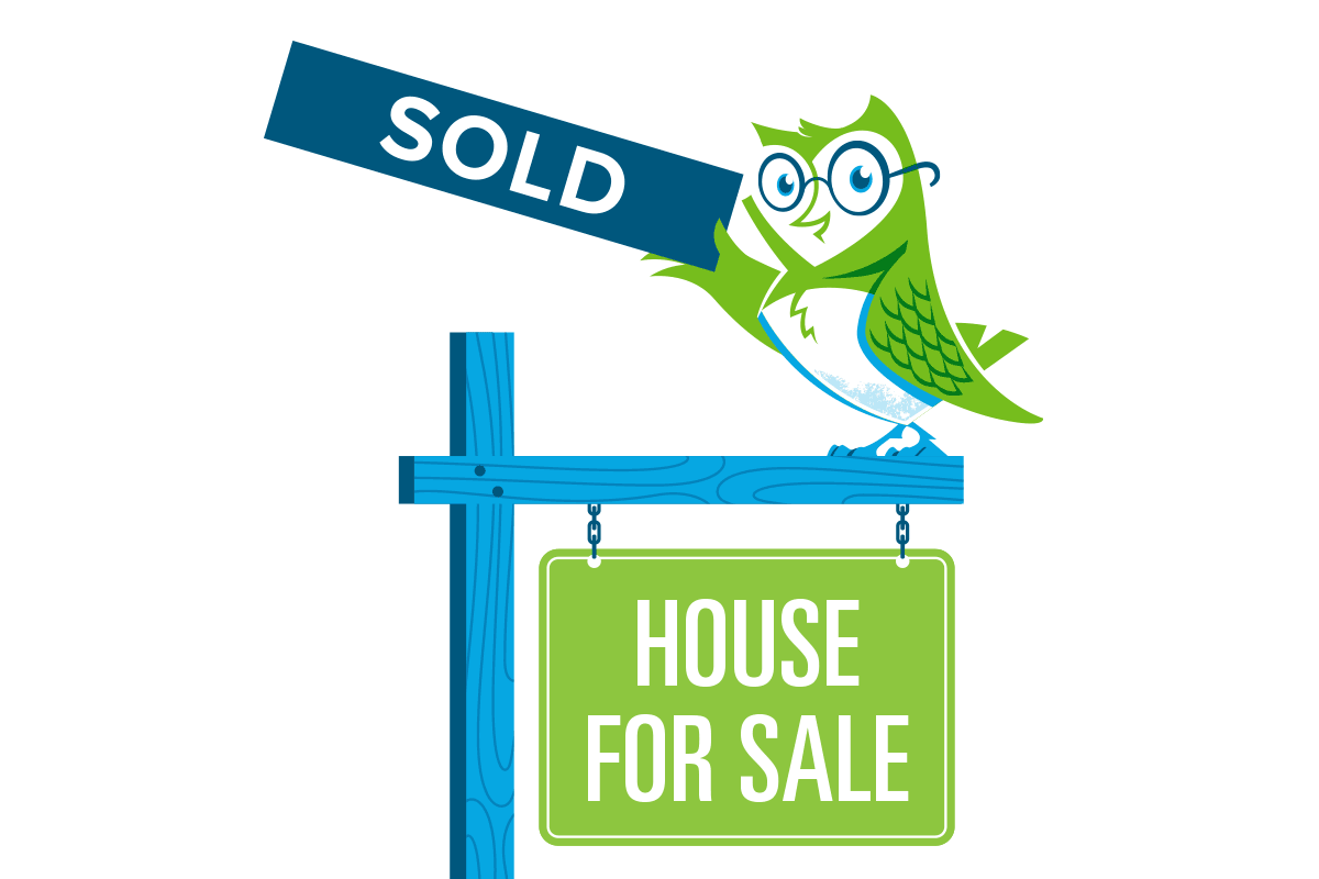 An owl cartoon holding a sold sign above a house for sale sign on a wooden post.