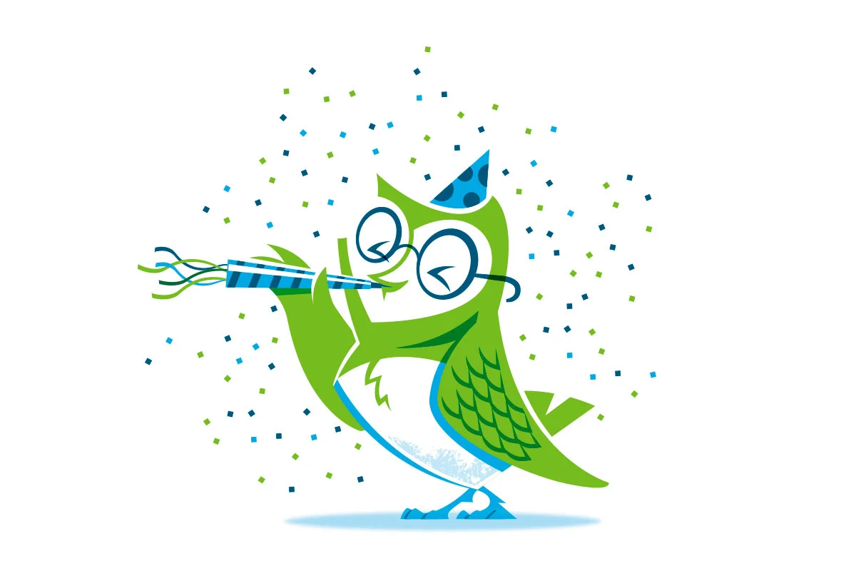 Cartoon owl wearing a party hat, holding a party horn, with confetti around it.