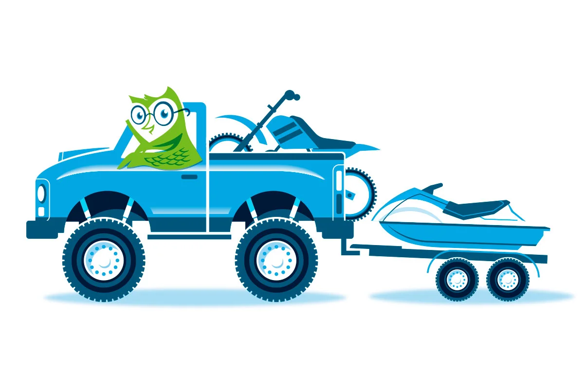 A cartoon illustration of a blue pickup truck with a green fish mascot wearing glasses in the driver's seat. The truck is towing a boat on a trailer, equipped with a jet ski and handlebars.
