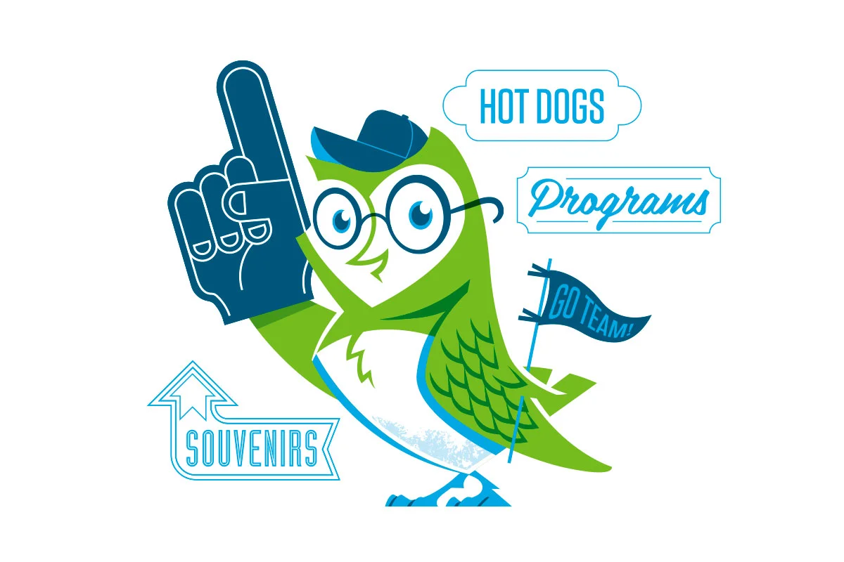 Cartoon bird with glasses, wearing a blue cap, pointing upwards with its finger, holding a sign that says 'Go Team!', with labels for 'Souvenirs', 'Hot Dogs', and 'Programs'