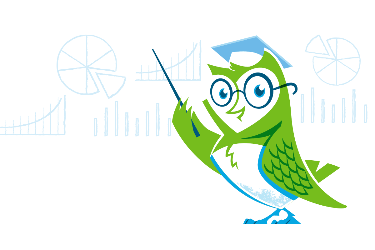Cartoon owl wearing glasses and a blue academic cap, pointing at various charts and graphs with a pointer.