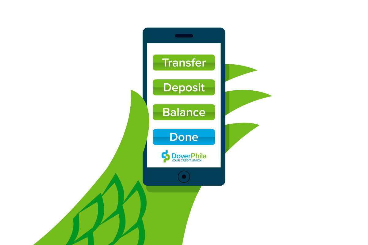 Illustration of a hand holding a smartphone with digital banking options on the screen, including transfer, deposit, balance, and done, with a Dover Phila credit union logo at the bottom.