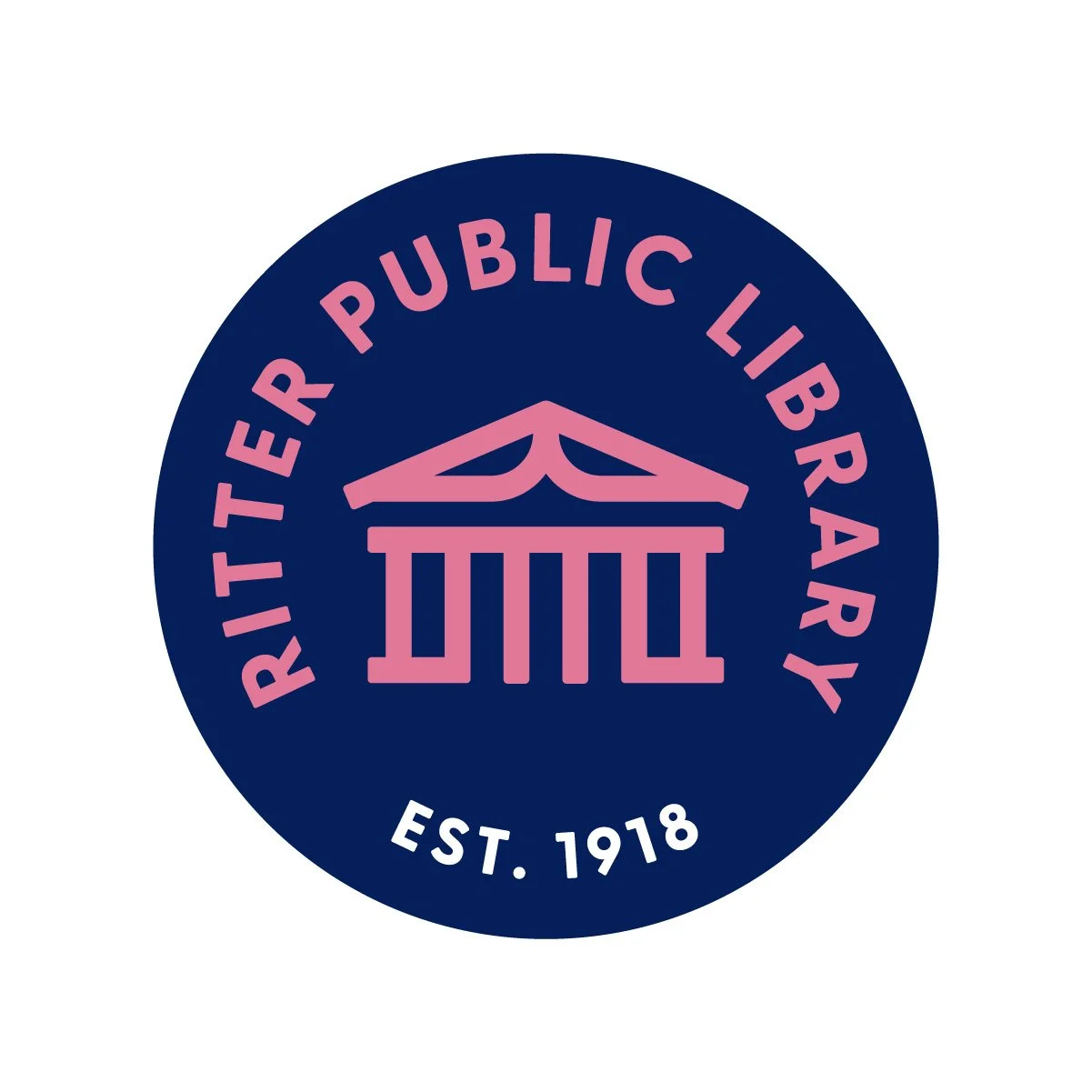 Logo of the Ritter Public Library with a pink outline of a classical building on a dark blue circular background, with the library's name and establishment year in pink and white.