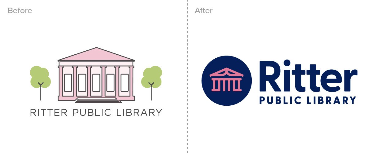 Comparison of two logo designs for Ritter Public Library, showing before and after versions with different graphic styles and colors.