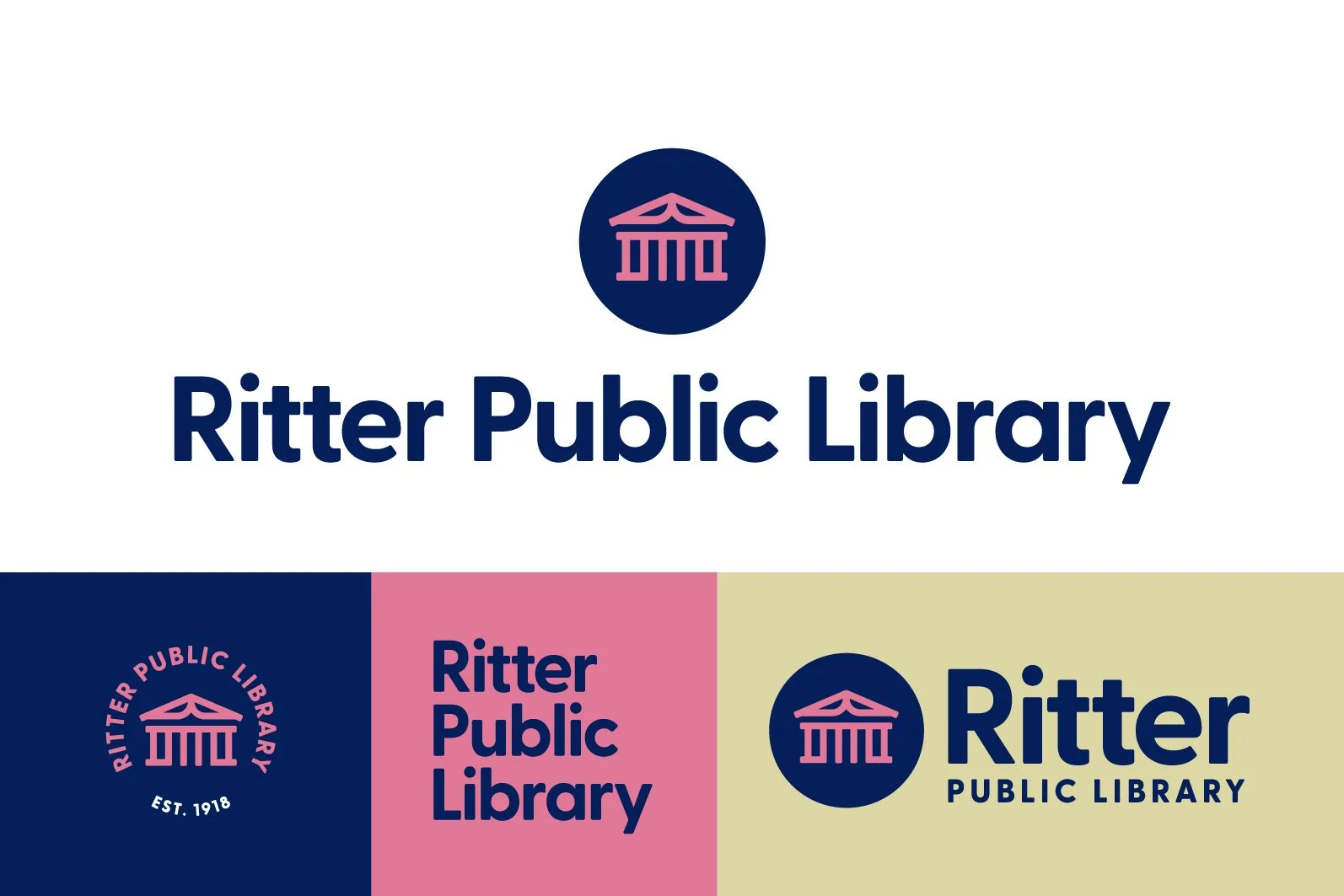 Ritter Public Library logo, featuring a navy blue circle with a pink outline of a classical building, accompanied by the text 'Ritter Public Library' in dark blue.