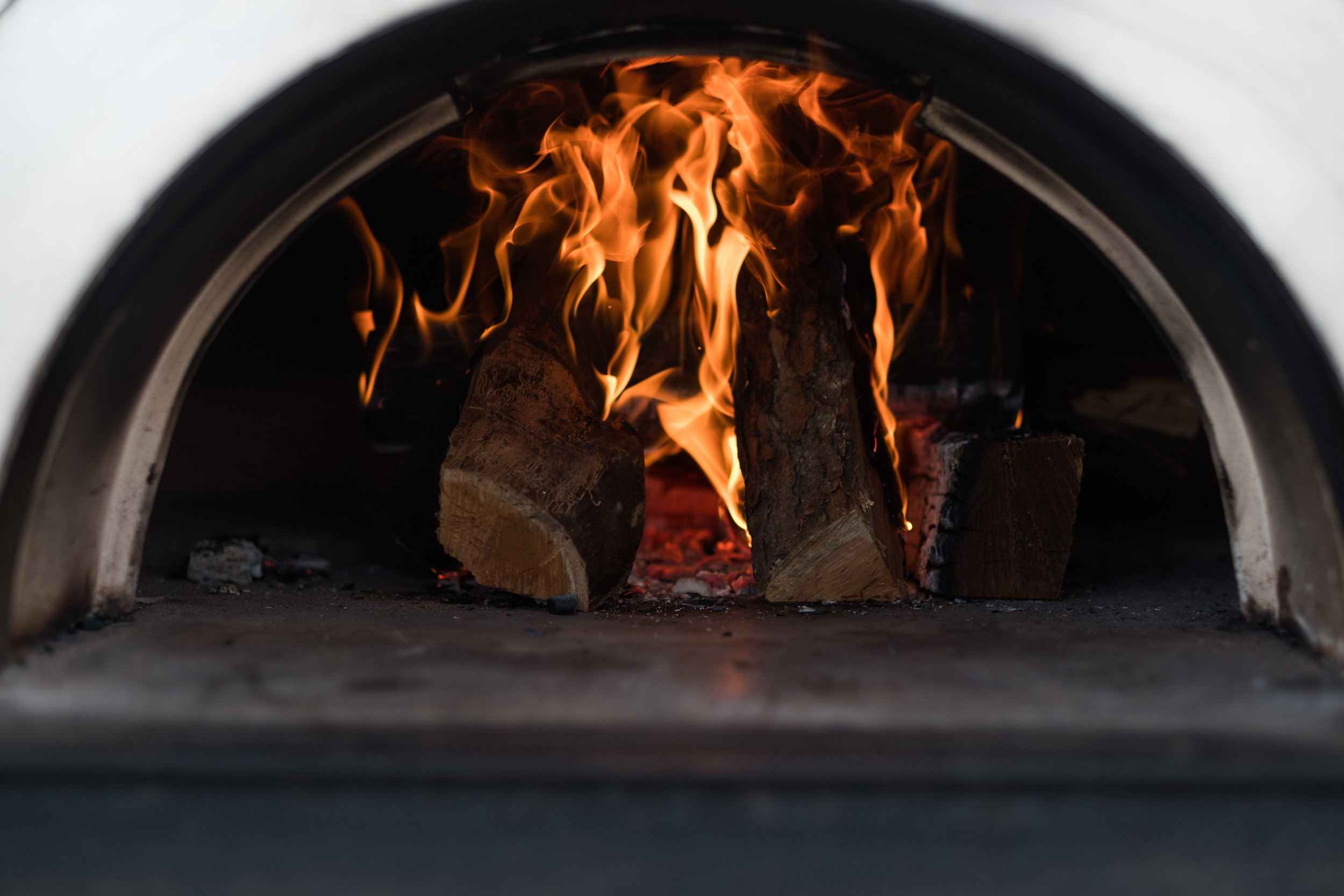 Fire burning inside a wood-fired oven with visible flames and logs.