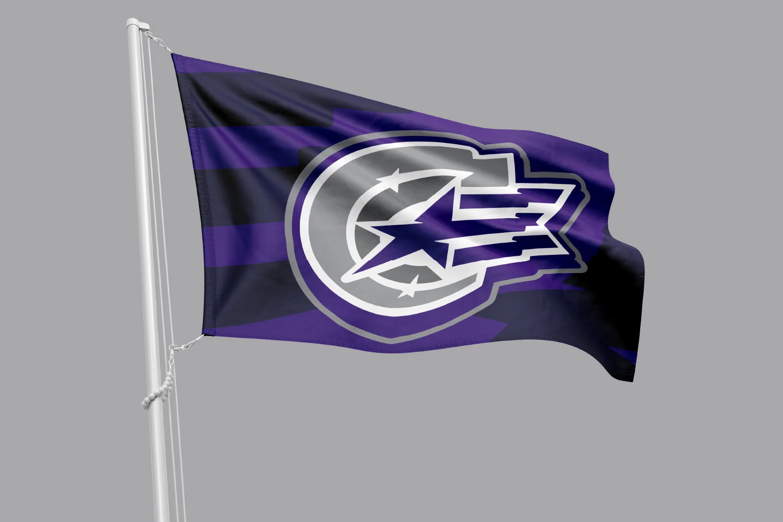 Flag with black and purple horizontal stripes and a logo featuring a star, shooting star, and stylized lines in white, gray, and purple.