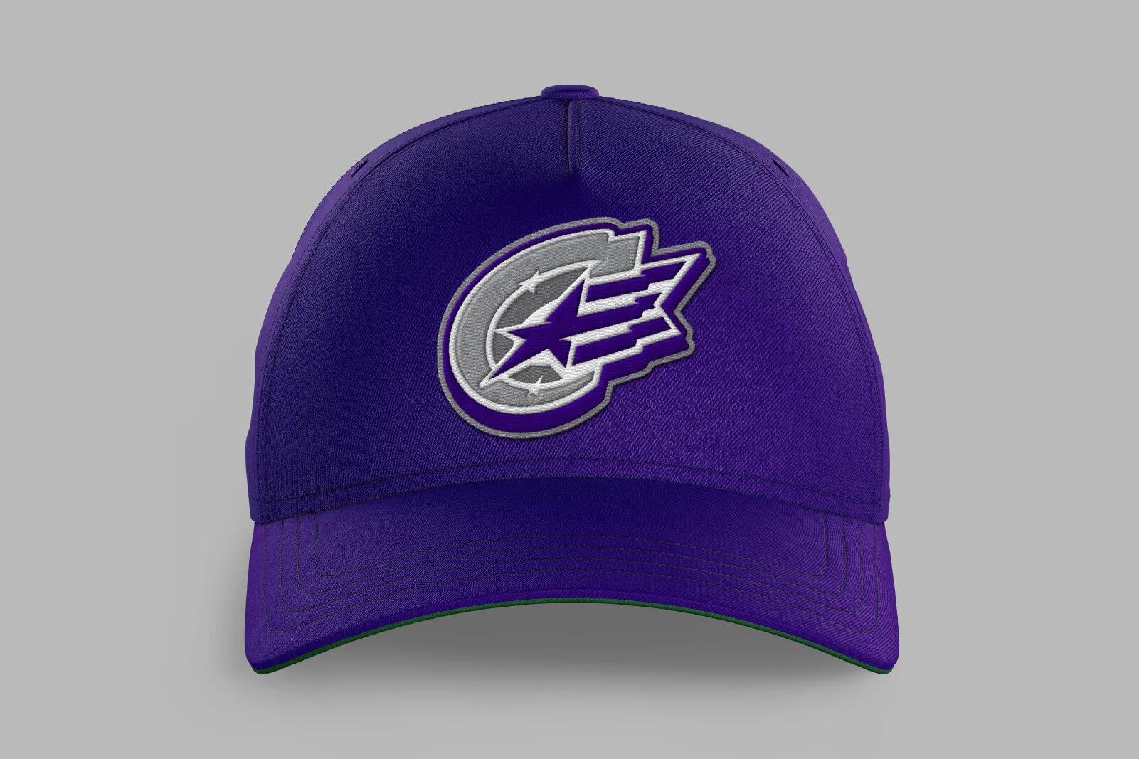 A purple baseball cap with a silver and purple logo on the front, featuring a star and stylized letter E.