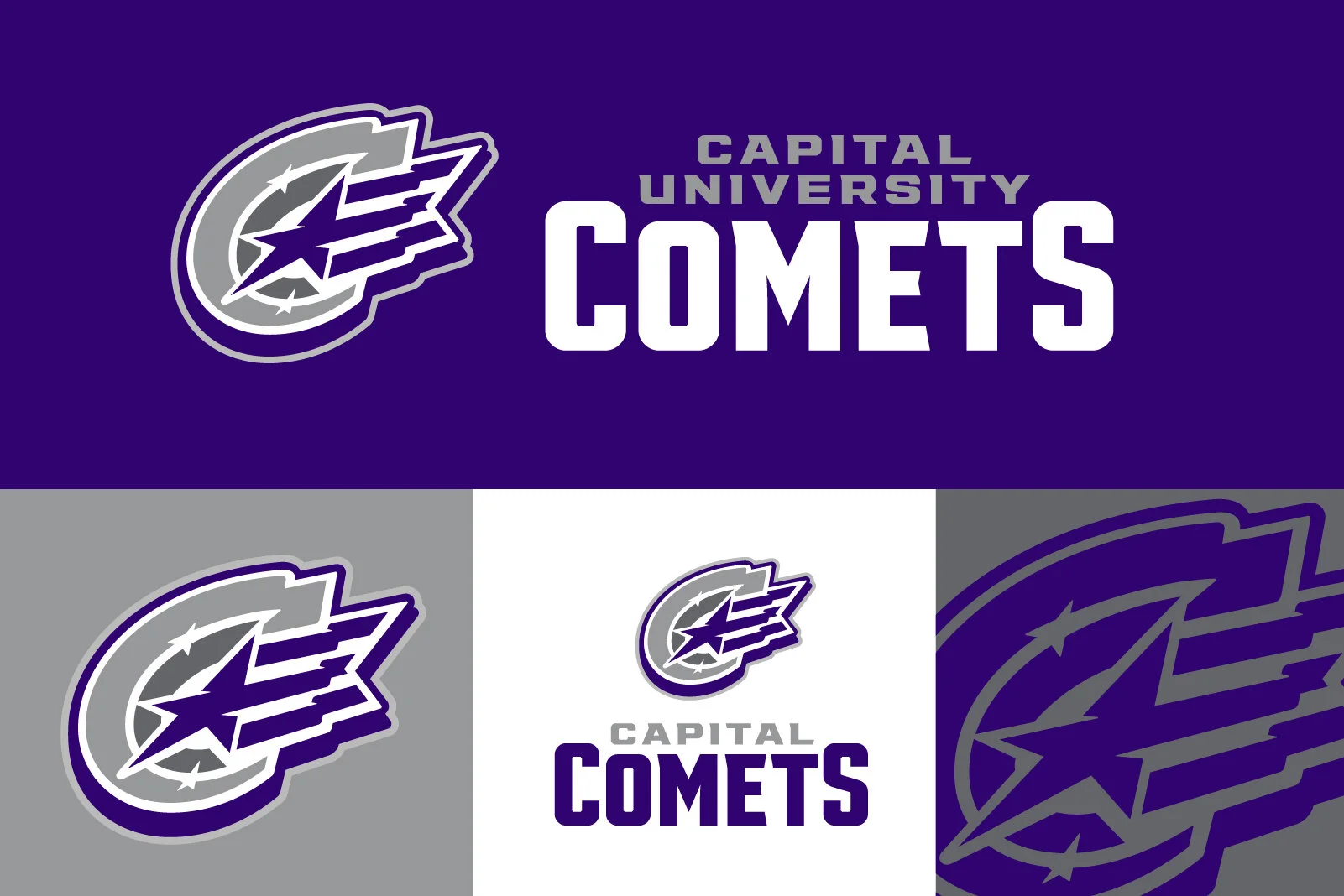 Logo of Capital University Comets with purple, gray, and white color scheme.