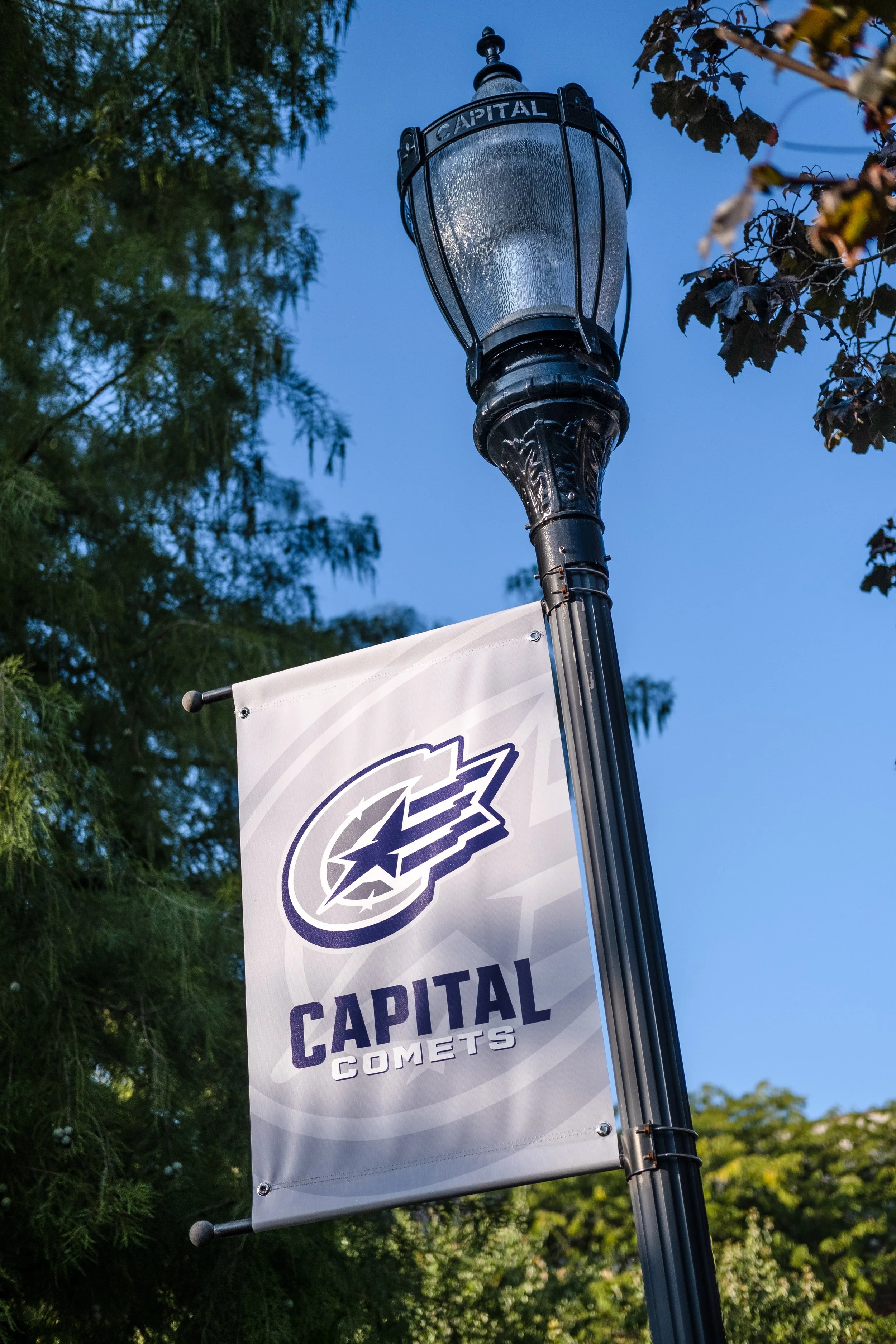 A street lamp with a banner hanging from it, featuring the logo and name of the Capital Comets, an American hockey team.