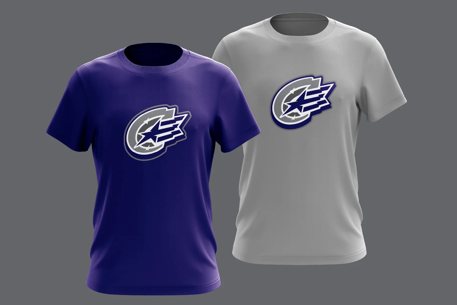 Two sports T-shirts, one purple and one gray, with a stylized star and swirling lines logo on the chest, displayed against a gray background.