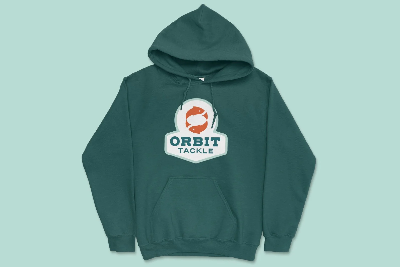 Green hoodie with a logo featuring two orange fish and the text "Orbit Tackle."