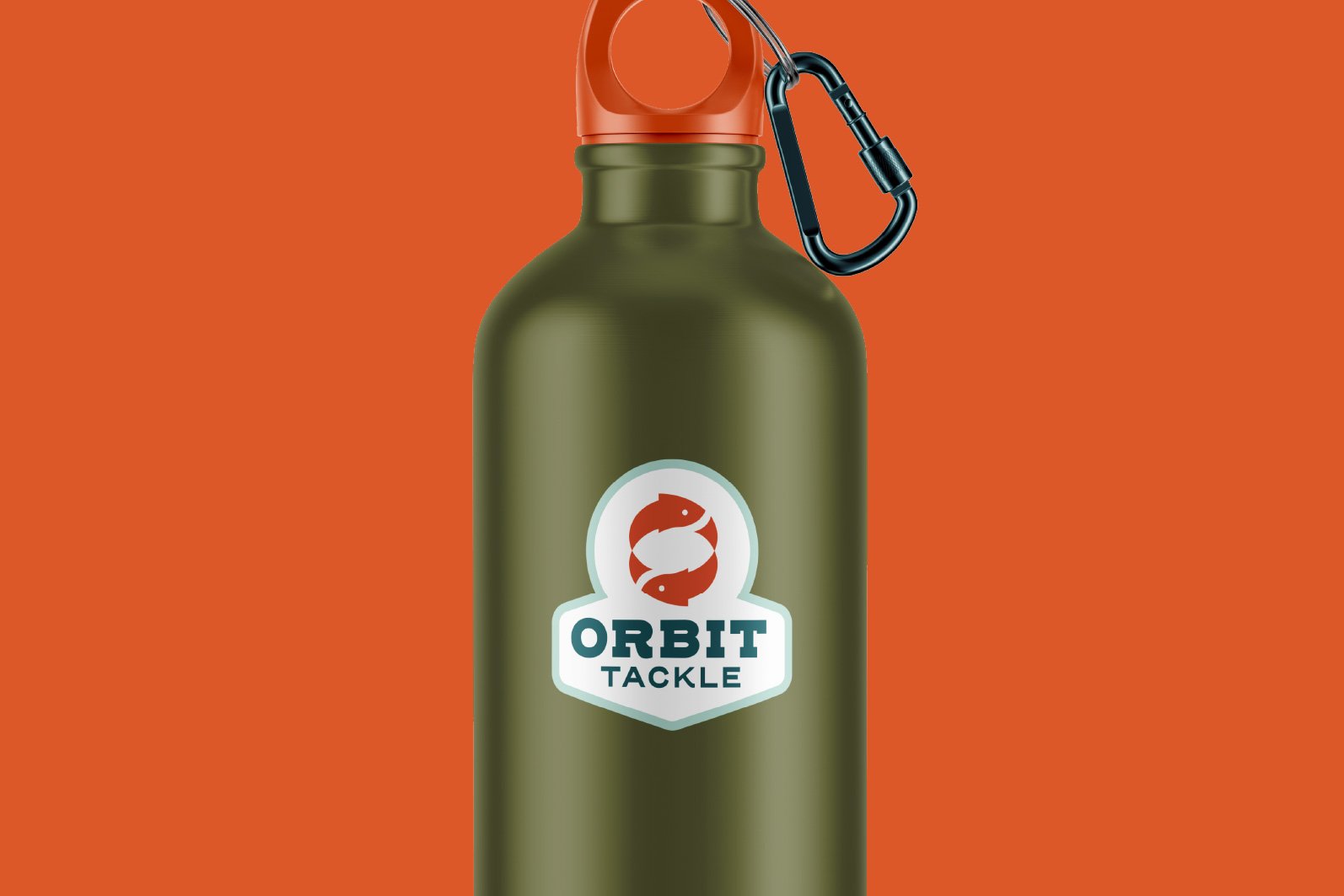 Green water bottle with a logo featuring a red fish and the text 'Orbit Tackle' on the front, against an orange background, with a black carabiner attached to the orange cap.
